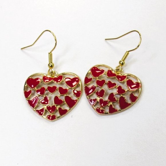 Gold Plated Red Heart Dange Drop Valentines Day Earrings - Picture 1 of 3
